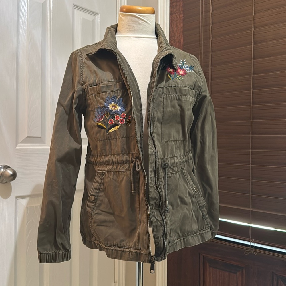 Old Navy Olive Green Embroidered Floral Utility Jacket S